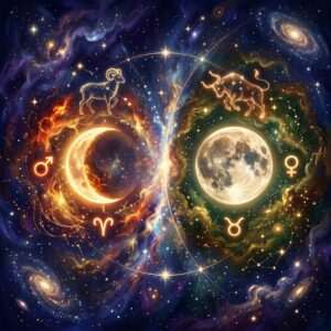 A fiery Aries crescent moon and a calm Taurus full moon with the Mars and Venus symbols