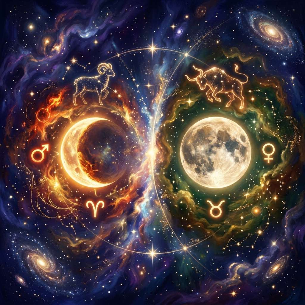 A fiery Aries crescent moon and a calm Taurus full moon with the Mars and Venus symbols