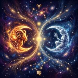 Un croissant de lune flamboyant avec un bélier et un croissant de lune argenté avec une jeune fille tenant du blé, se reflétant autour d'un petit soleil