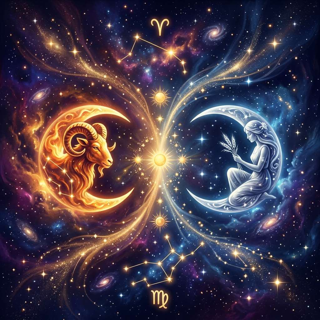 A fiery crescent moon with a ram and a silver crescent moon with a maiden holding wheat, mirrored around a small sun