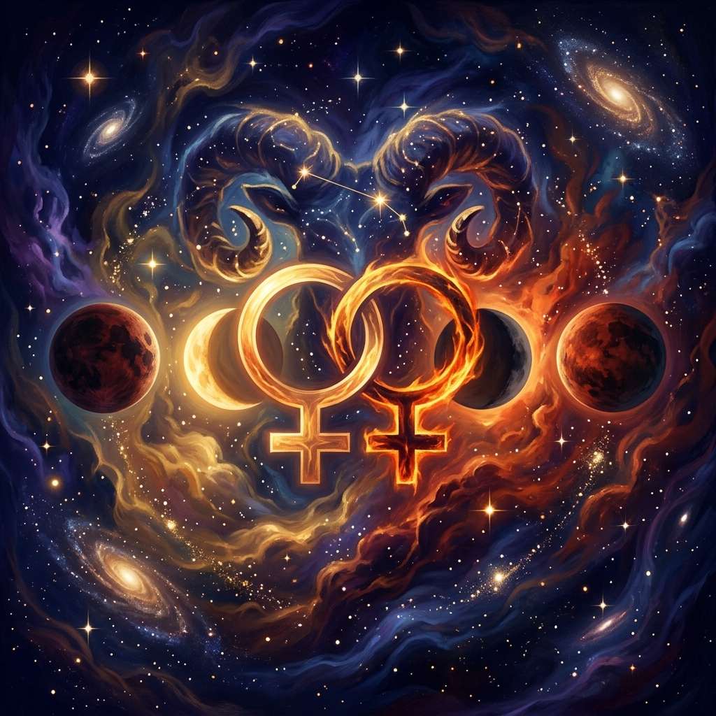 Two interlocked fiery Venus symbols beneath curled ram horns, flanked by moons and red planets in a starry sky, for Aries Venus and Aries Venus compatibility.