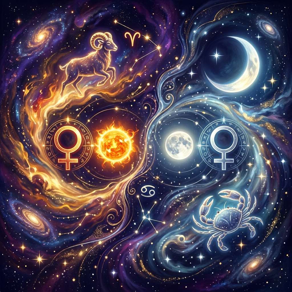 A leaping ram in fiery light and a crab in cool blue light, each beside a Venus symbol, with the Sun on one side and the Moon on the other