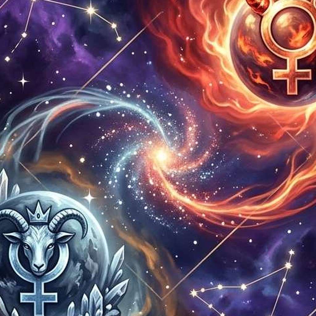Une planète rougeoyante ornée du glyphe de Vénus et une planète gris pâle portant une chèvre couronnée et le glyphe de Vénus, reliées par un tourbillon d'étoiles