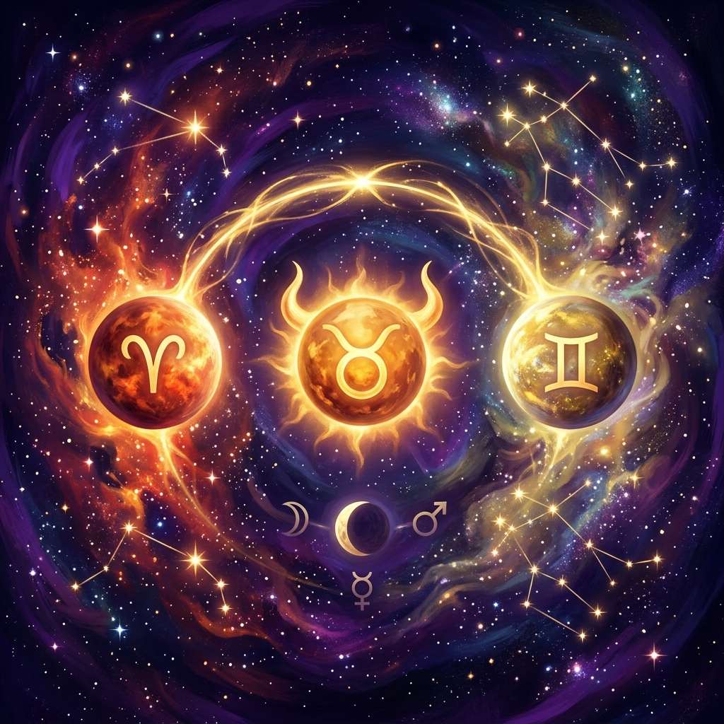 Three glowing spheres marked with the Aries, Taurus and Gemini symbols, the Taurus one shining like a sun in the middle, joined by an arc of light