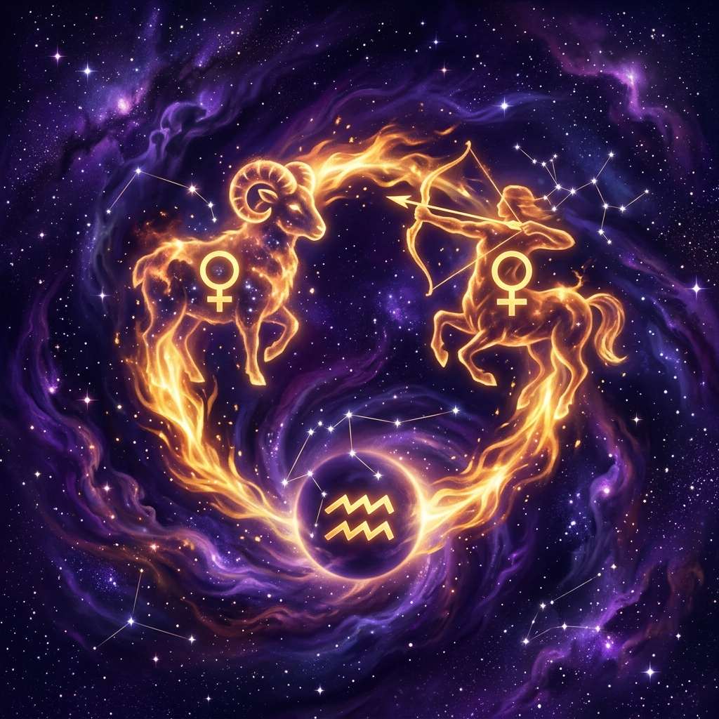 A fiery ram and a centaur archer, each marked with the Venus glyph, joined by a ring of flame around the Aquarius glyph