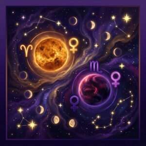 Une planète dorée à côté des glyphes du Bélier et de Vénus, et une planète violet foncé à côté des glyphes du Scorpion et de Vénus, parmi des étoiles et des croissants de lune.