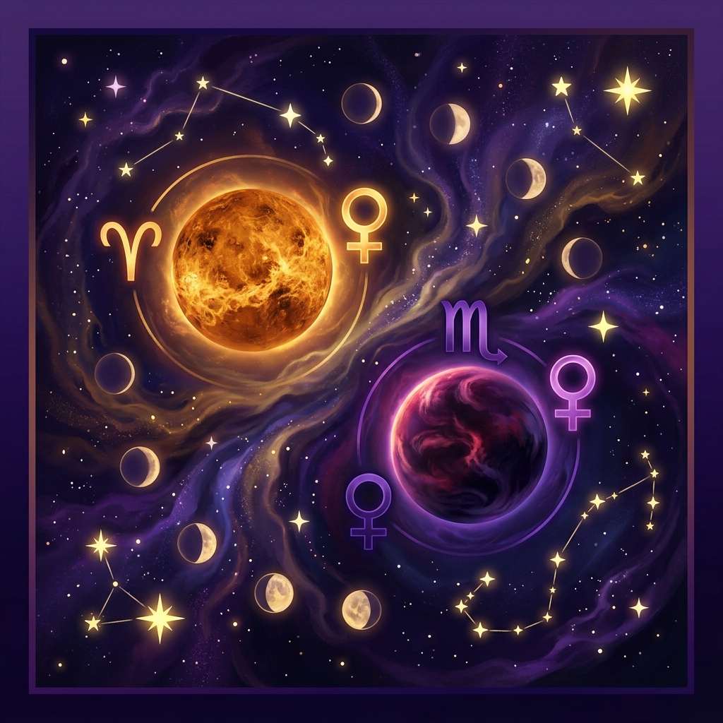 A golden planet beside the Aries and Venus glyphs and a dark purple planet beside the Scorpio and Venus glyphs, among stars and crescent moons