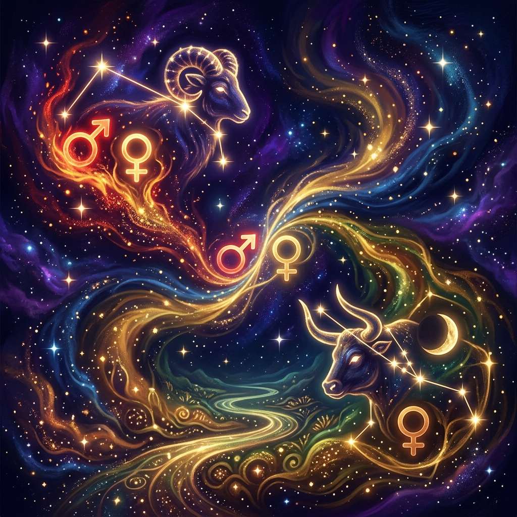 Un bélier et un taureau incandescents dans un ciel étoilé, reliés par des flots de lumière dorée, avec les symboles de Mars et de Vénus entre eux.