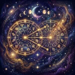 Deux roues astrologiques superposées sous un ciel étoilé, illustrant la compatibilité astrale entre deux partenaires