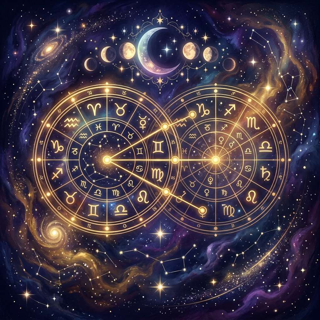 Two overlapping birth chart wheels under a starry night sky, illustrating birth chart compatibility between two partners