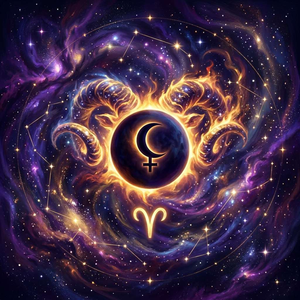 Black Moon Lilith in Aries shown with its zodiac glyph on a starry violet sky