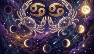 Two golden Cancer glyphs above two crabs drawn in starlight, framed by an arc of Moon phases on a purple starry sky
