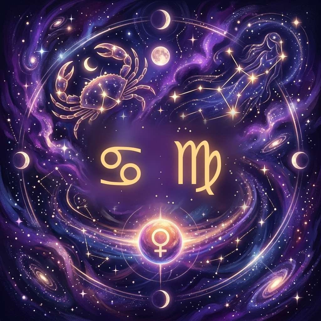 Gold glyphs for Cancer and Virgo above the symbol of Venus, with a crab and the Virgo constellation among violet clouds and moon phases