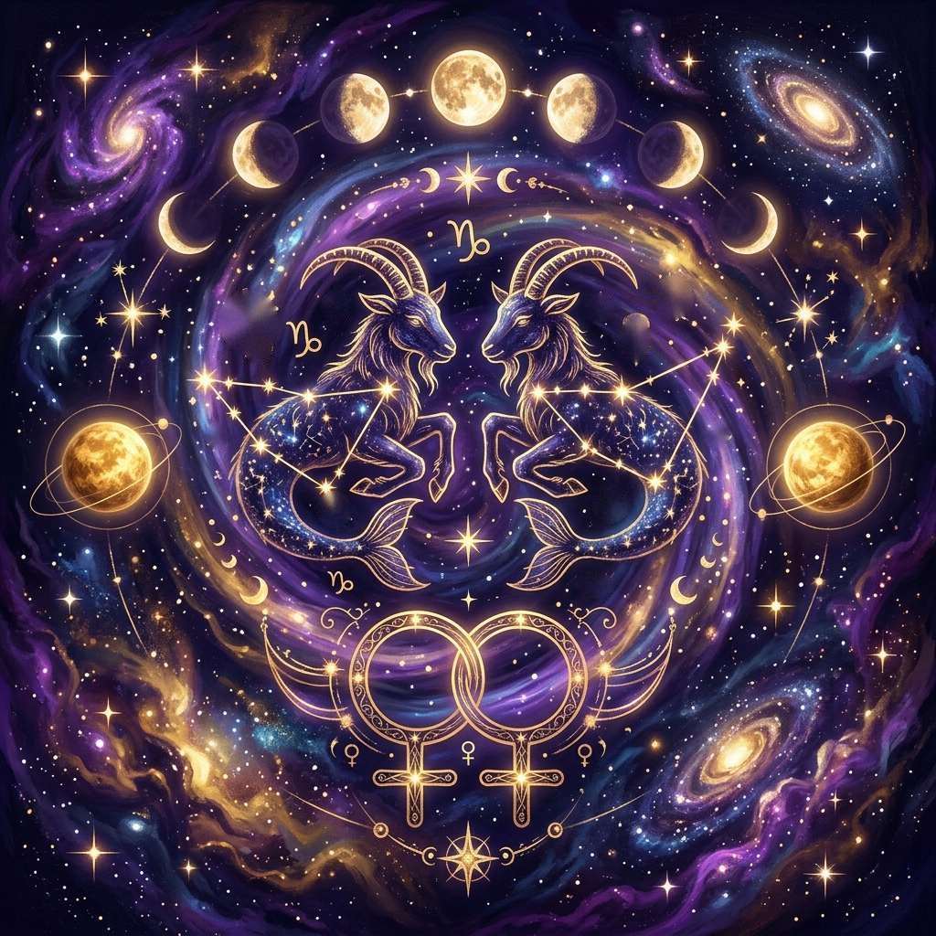 Two golden sea-goats, the Capricorn symbol, face each other on a violet starry sky above two linked Venus symbols, with Moon phases overhead.