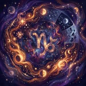 A Capricorn woman represented by the Capricorn glyph and winter constellations in gold on indigo
