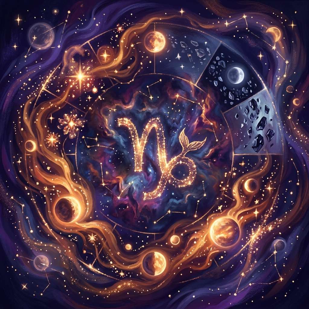 A Capricorn woman represented by the Capricorn glyph and winter constellations in gold on indigo