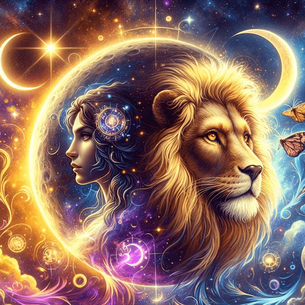 Gemini Moon and Leo Moon compatibility: a woman and a lion framed by a glowing full moon and crescents