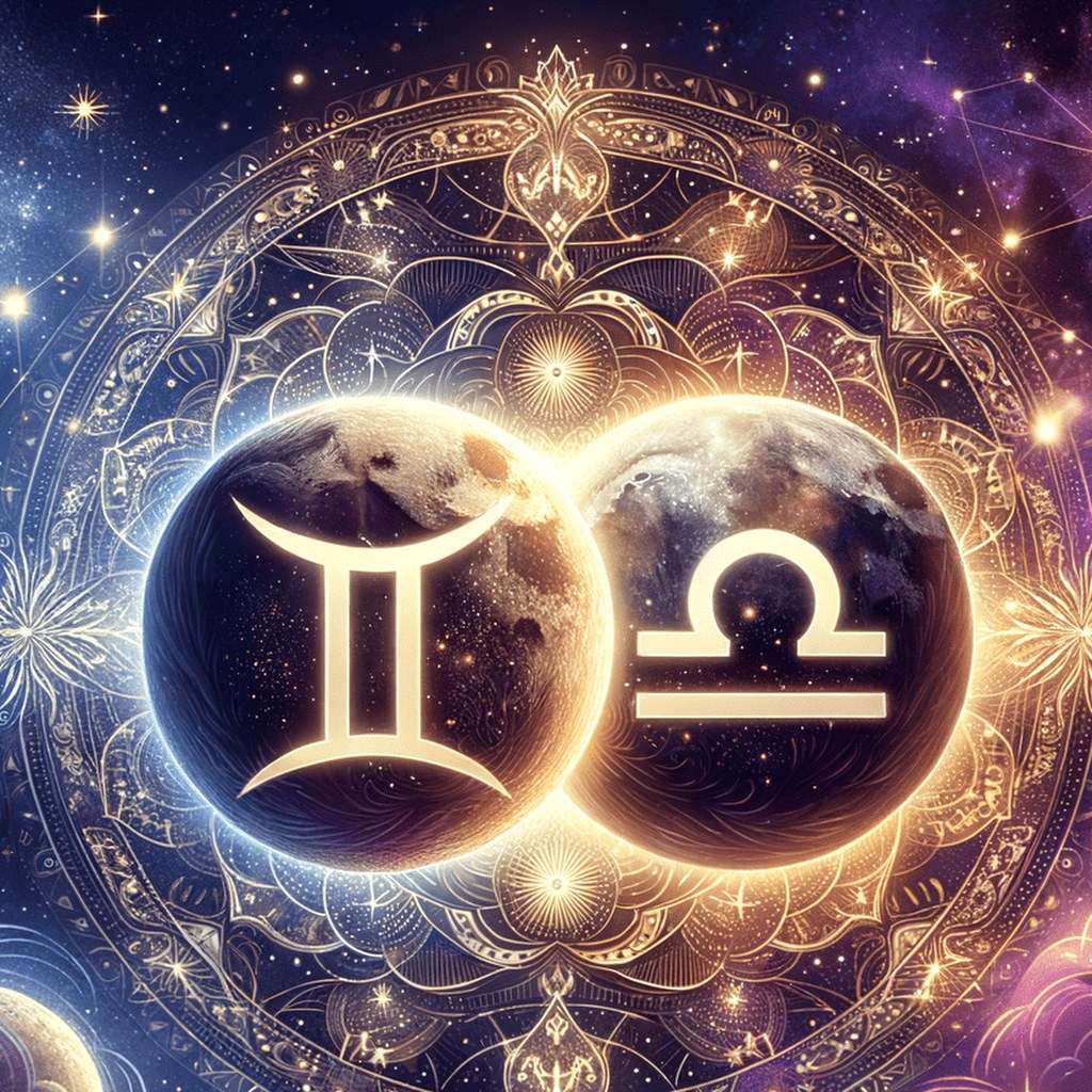 Gemini Moon and Libra Moon compatibility: Gemini and Libra glyphs on two glowing moons