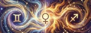 Glyphes dorés des Gémeaux, de Vénus et du Sagittaire sur des flammes bleues et dorées tourbillonnantes se détachant sur un ciel violet étoilé