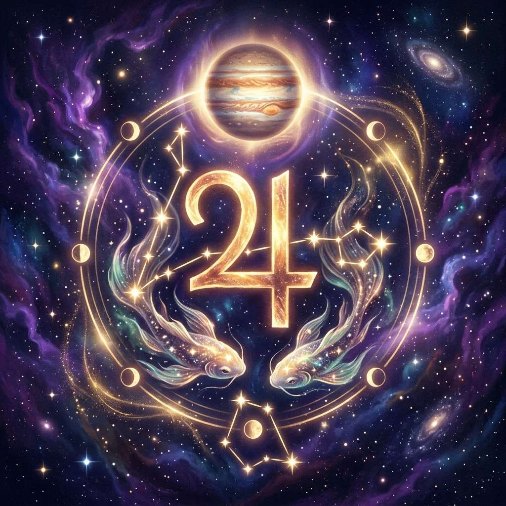Jupiter en Poissons, représenté avec son symbole zodiacal sur un ciel violet étoilé.