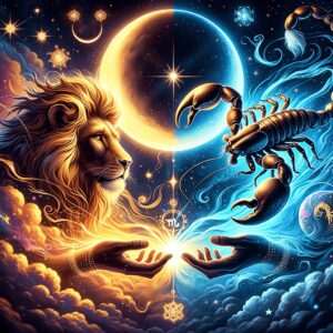 Un lion doré fait face à un scorpion sombre sur une lune mi-or, mi-bleue, deux mains ouvertes se rejoignant dans une explosion de lumière en dessous d'eux.