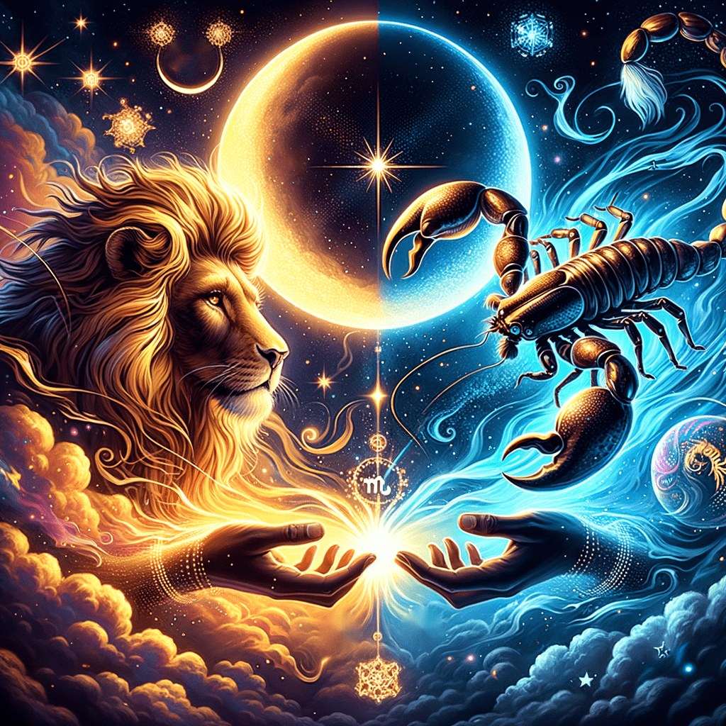 Un lion doré fait face à un scorpion sombre sur une lune mi-or, mi-bleue, deux mains ouvertes se rejoignant dans une explosion de lumière en dessous d'eux.