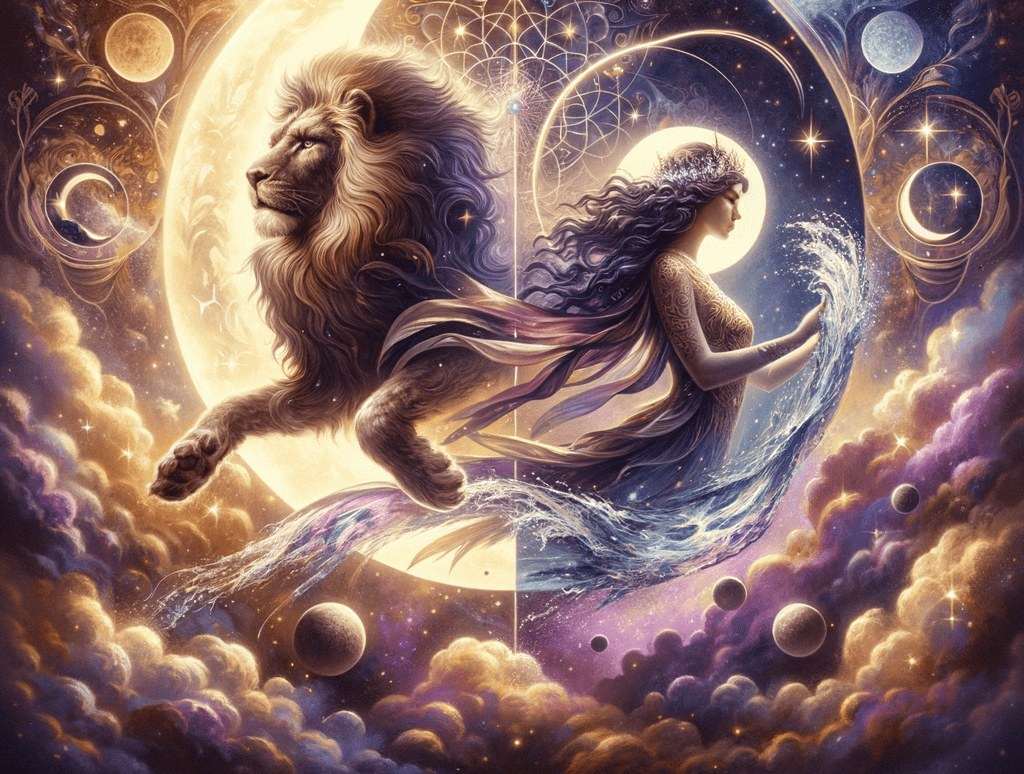 Un lion bondissant devant une grande lune brillante, à côté d'une femme couronnée versant un filet d'eau, parmi des nuages violets et dorés