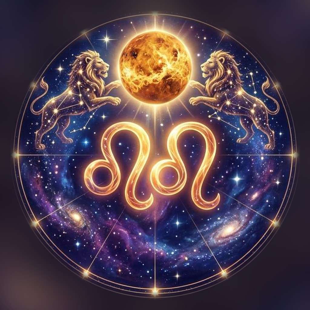 Two golden constellation lions face a glowing orange planet above two Leo glyphs, inside a starry circle split into twelve sections