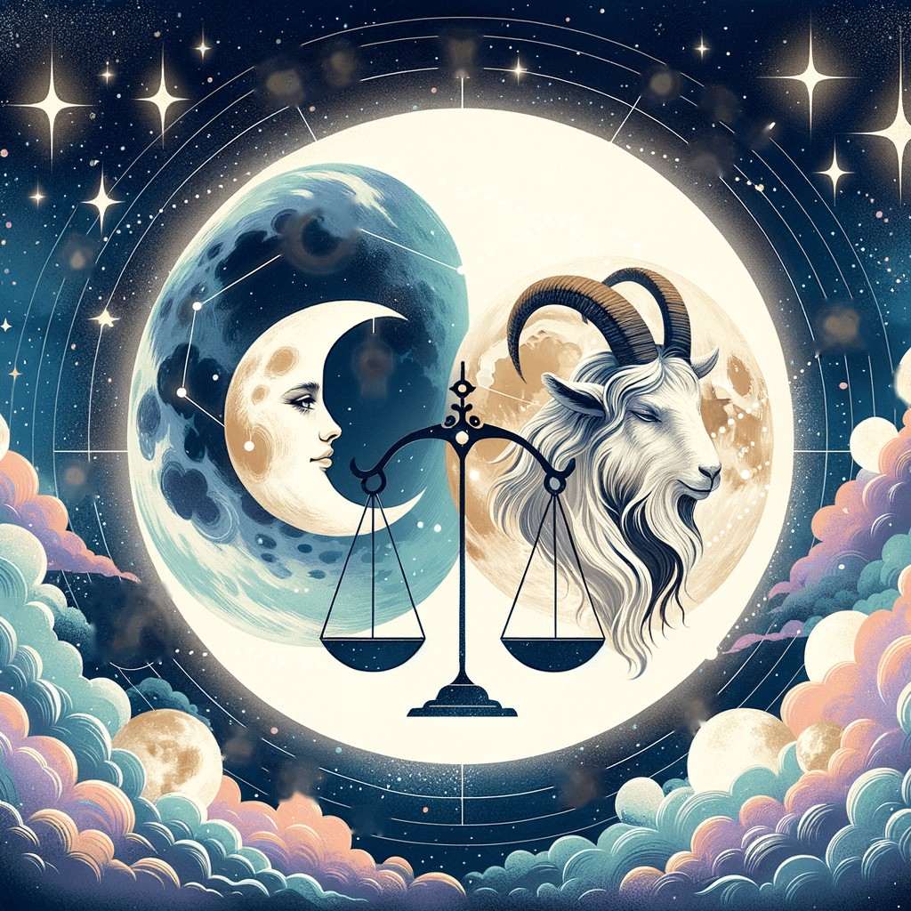 Un visage de femme dans un croissant de lune, à côté d'une chèvre à la barbe blanche et aux cornes recourbées, une balance entre eux, à l'intérieur d'un anneau d'étoiles au-dessus de nuages pastel.