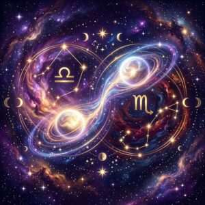 Libra and Scorpio glyphs with their star patterns inside two gold rings, linked by two glowing planets on a violet starfield