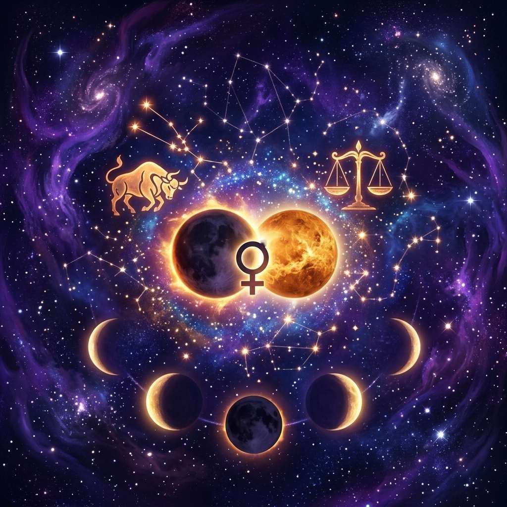 Moon conjunct Venus illustration: the Moon and Venus side by side, ringed by lunar phases, with Taurus and Libra symbols