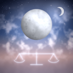 Croissant de lune au-dessus de la balance du signe de la Balance, illustrant une Lune en Balance et l'équilibre dont elle a besoin pour se poser.