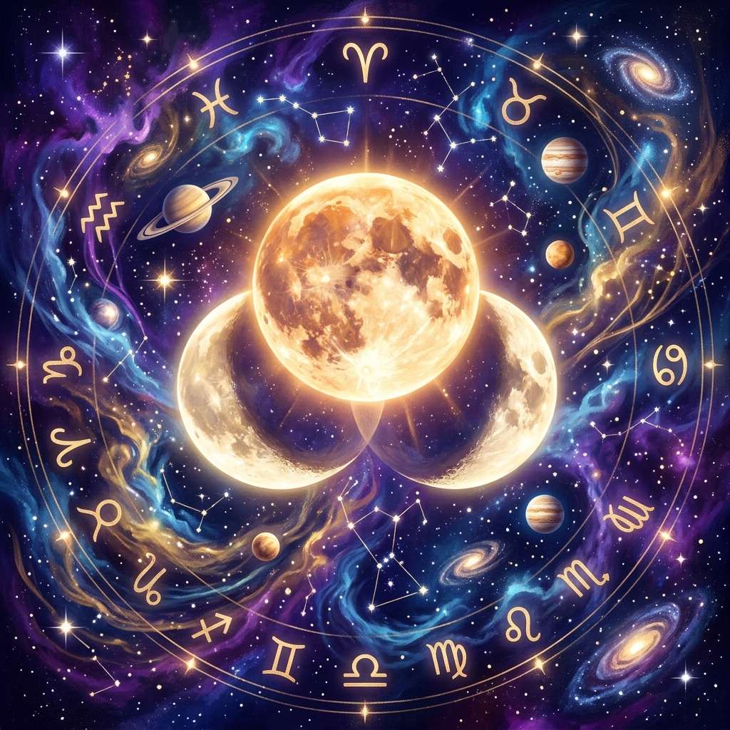 Moon phase compatibility: a waxing crescent and a waning gibbous Moon joining into one full Moon in a starry night sky