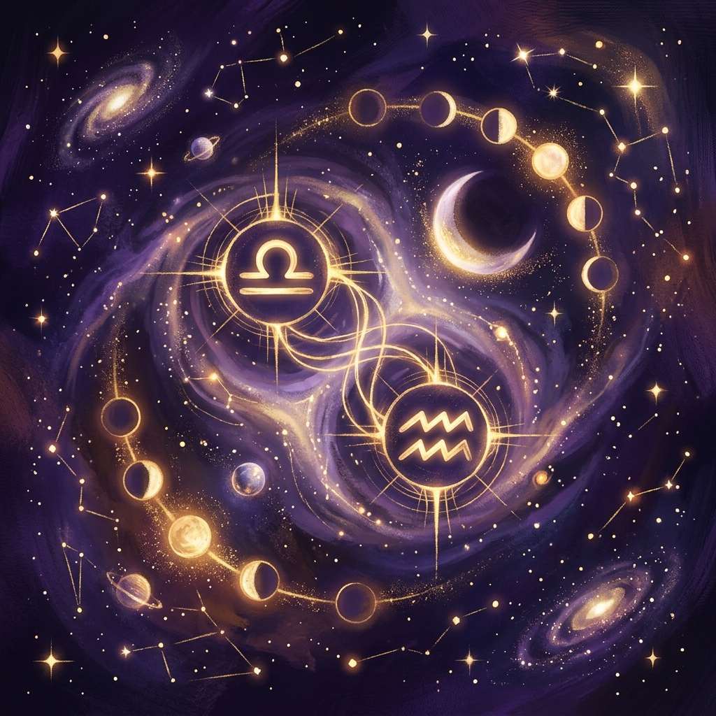 Phases de la lune encerclant deux glyphes zodiacaux liés dans le ciel nocturne, illustrant la compatibilité des signes lunaires