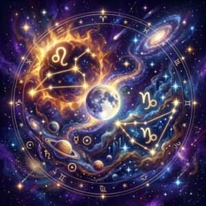 Une roue du zodiaque avec le glyphe du Lion au-dessus d'un soleil flamboyant et deux glyphes du Capricorne au-dessus d'un ciel de montagne sombre, une pleine lune entre eux.
