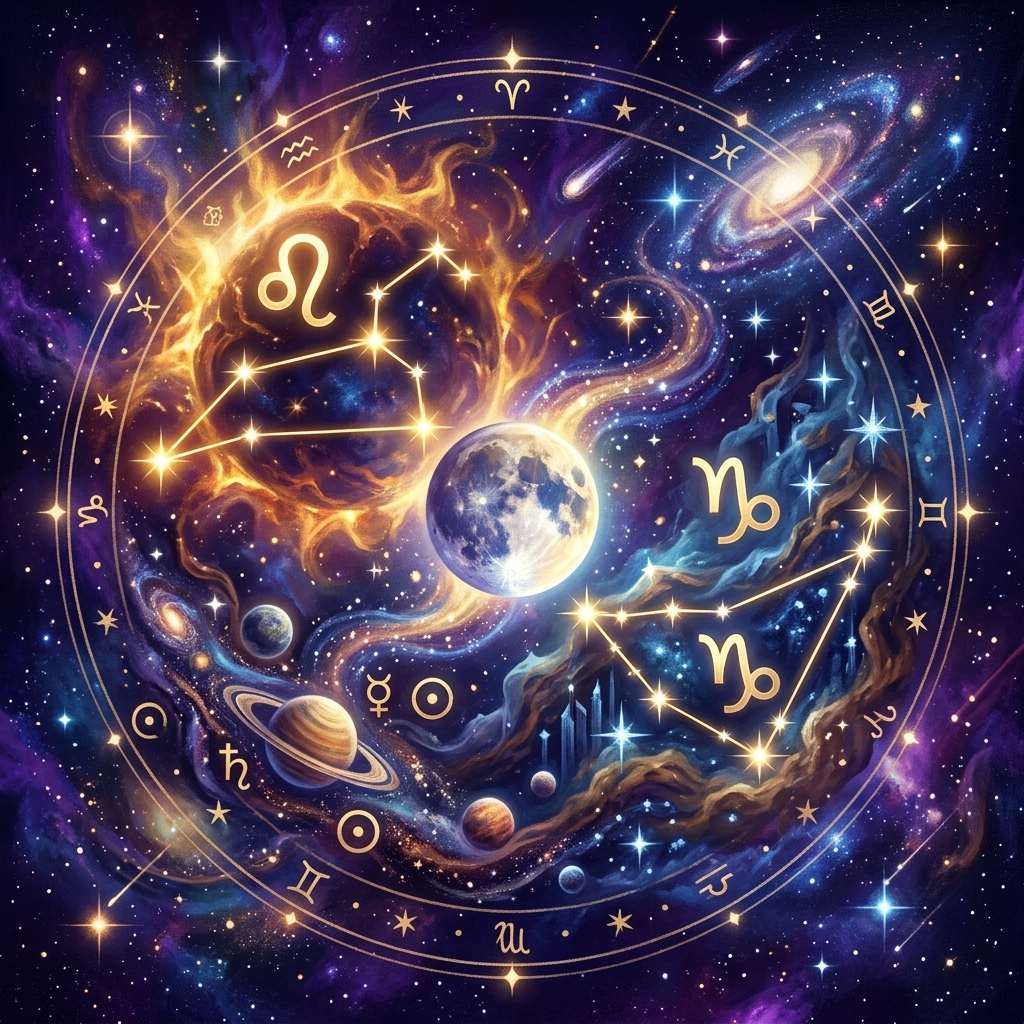 Une roue du zodiaque avec le glyphe du Lion au-dessus d'un soleil flamboyant et deux glyphes du Capricorne au-dessus d'un ciel de montagne sombre, une pleine lune entre eux.