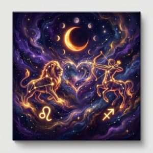 Un lion lumineux et un archer centaure dessinés comme des étoiles dorées sur un ciel nocturne violet, avec un cœur d'étoiles entre eux, les phases de la lune au-dessus et les glyphes du Lion et du Sagittaire en dessous.