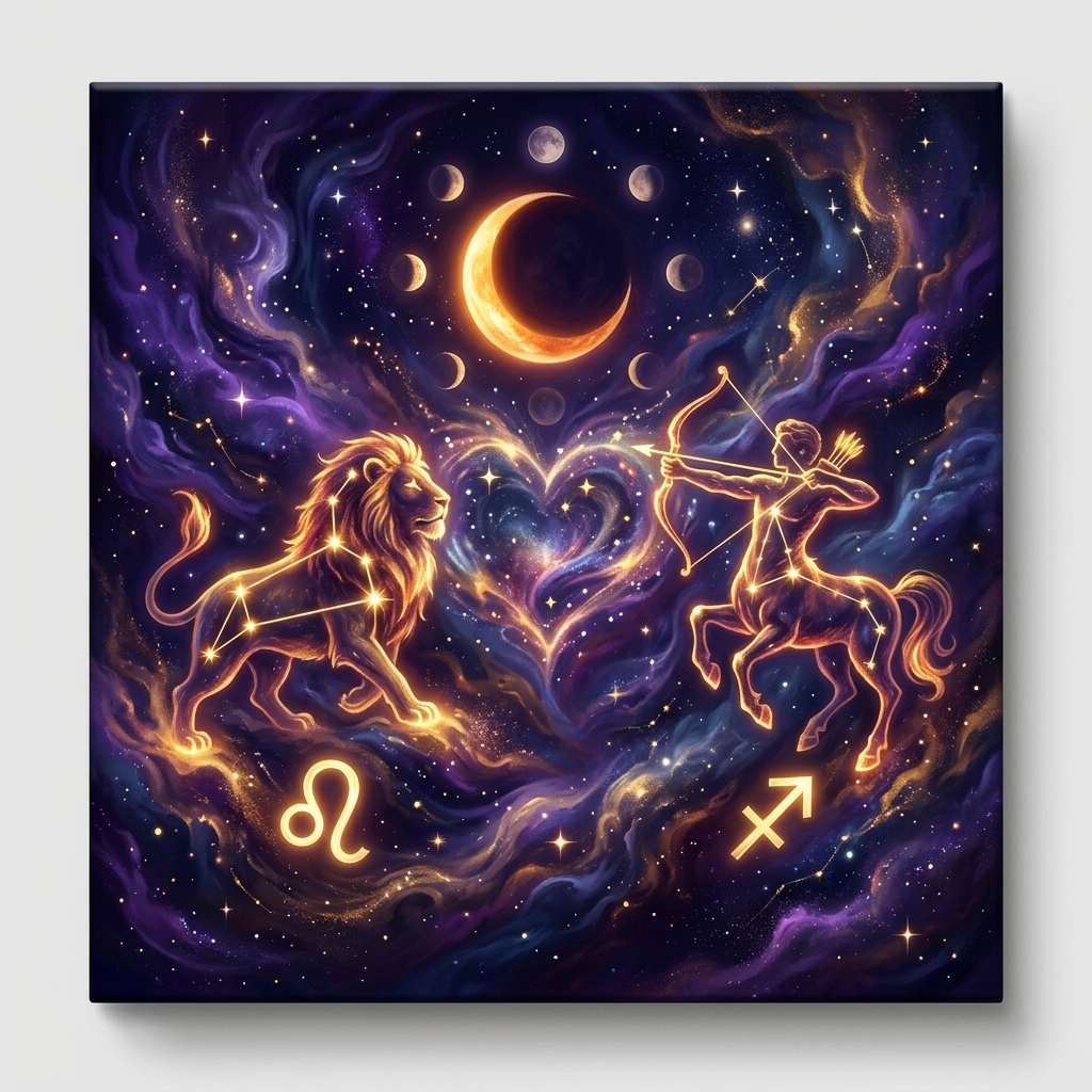 Un lion lumineux et un archer centaure dessinés comme des étoiles dorées sur un ciel nocturne violet, avec un cœur d'étoiles entre eux, les phases de la lune au-dessus et les glyphes du Lion et du Sagittaire en dessous.