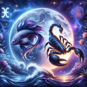 Un poisson aux nageoires violettes ondulantes et un scorpion sombre devant une grande pleine lune au-dessus des vagues de l'océan, avec le symbole des Poissons dans le coin supérieur.