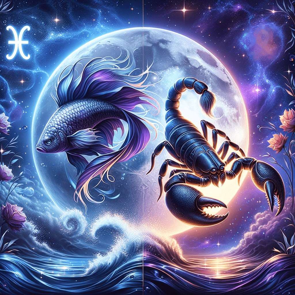 A fish with flowing violet fins and a dark scorpion in front of a large full moon above ocean waves, with the Pisces symbol in the top corner