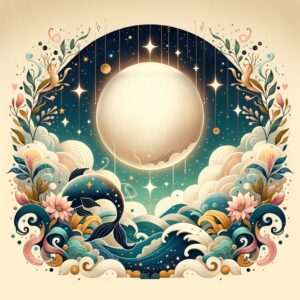 Une pâle pleine lune sous une voûte étoilée, au-dessus d'un poisson sombre bondissant hors de vagues stylisées, le tout encadré de fleurs, de feuilles et de nuages.