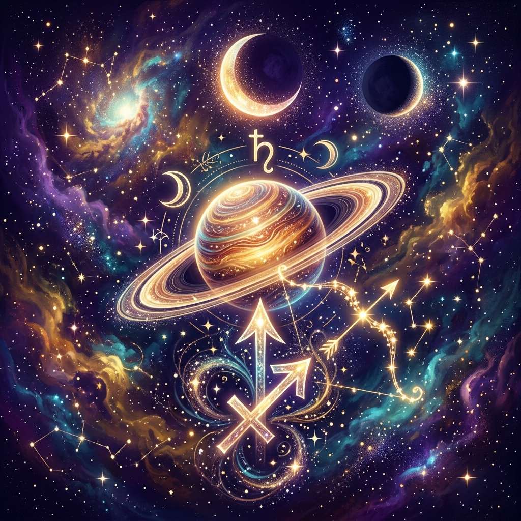 Saturn in Sagittarius shown with its zodiac glyph on a starry violet sky
