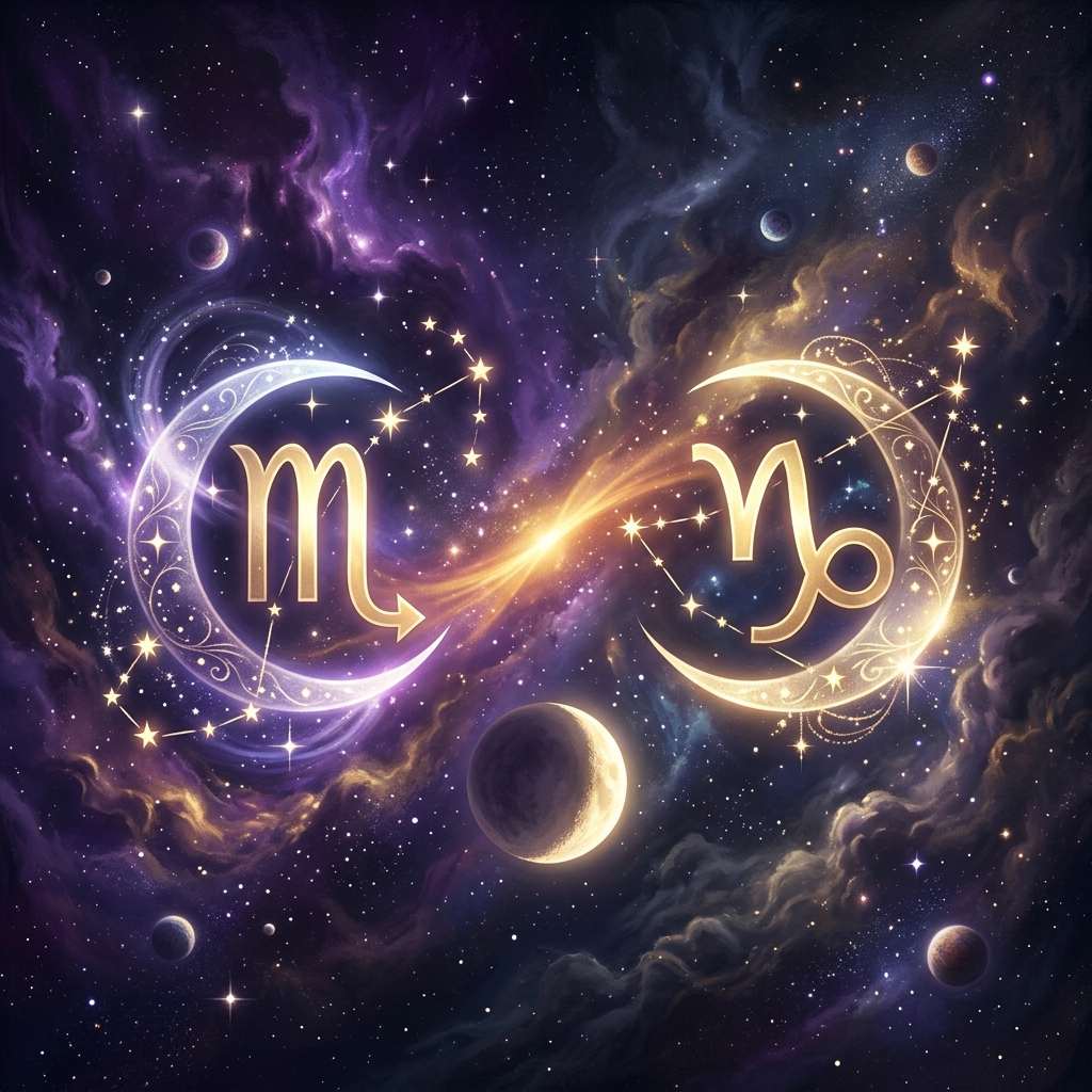 The Scorpio and Capricorn glyphs inside two glowing crescent moons, joined by a golden stream of light in a purple starry sky, for Scorpio Moon and Capricorn Moon compatibility.