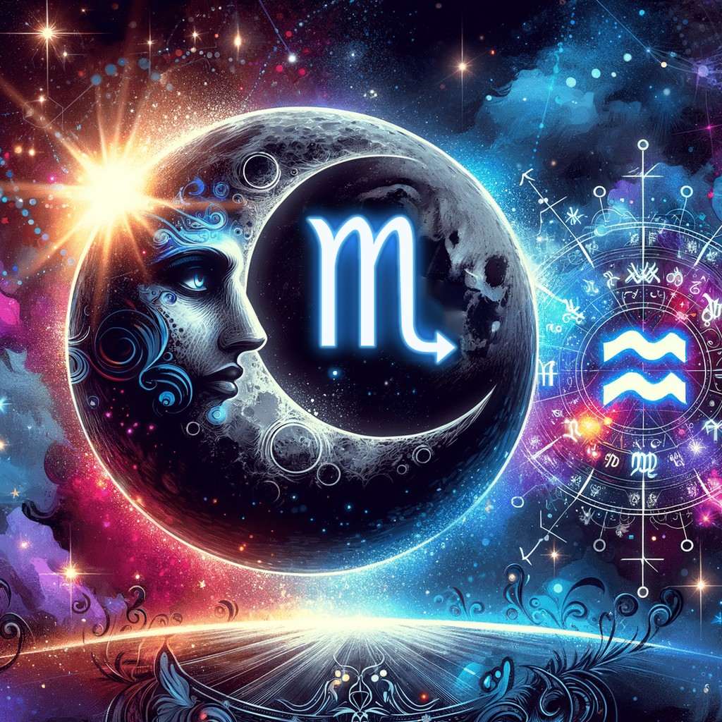 Un croissant de lune au profil lumineux tient un glyphe bleu du Scorpion, à côté d'une roue du zodiaque marquée du glyphe du Verseau, dans un ciel étoilé rose et bleu.