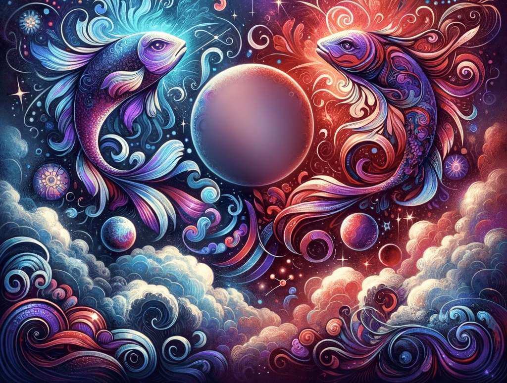 Two ornate fish, one blue-violet and one red, face each other around a large glowing planet above swirling clouds and waves