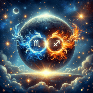 Scorpio and Sagittarius glyphs inside a blue ring and an orange ring of flame, meeting in a bright spark before a dark moon.
