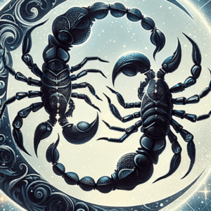 Two black scorpions curled nose to tail inside a pale full moon, framed by a dark crescent with swirling patterns.
