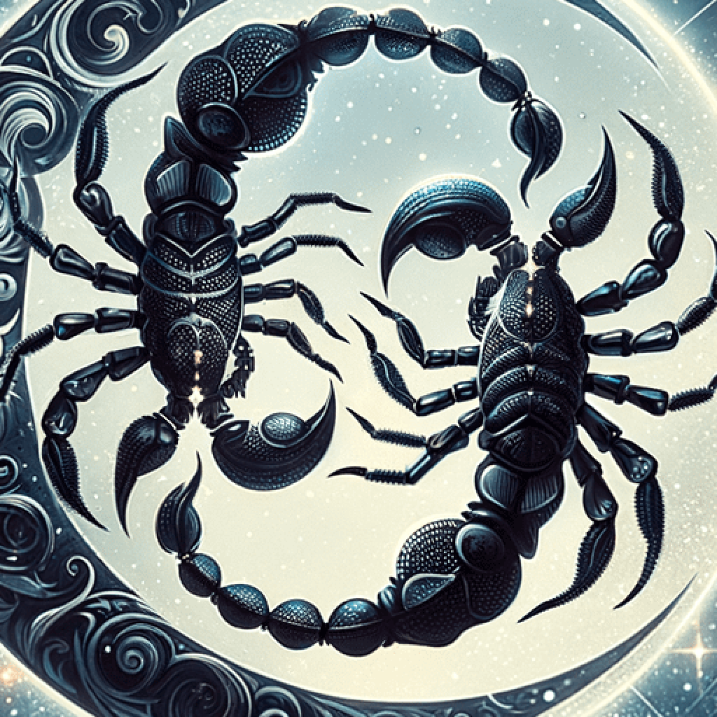 Deux scorpions noirs enroulés museau contre queue à l'intérieur d'une pleine lune pâle, encadrée par un croissant sombre aux motifs tourbillonnants.