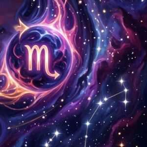 A glowing Scorpio glyph inside a violet orb, set in a purple nebula with a line of stars at lower right