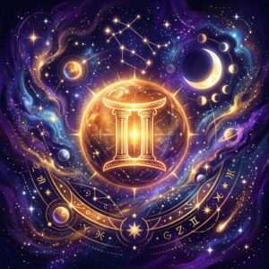 Sun in Gemini shown with its zodiac glyph on a starry violet sky